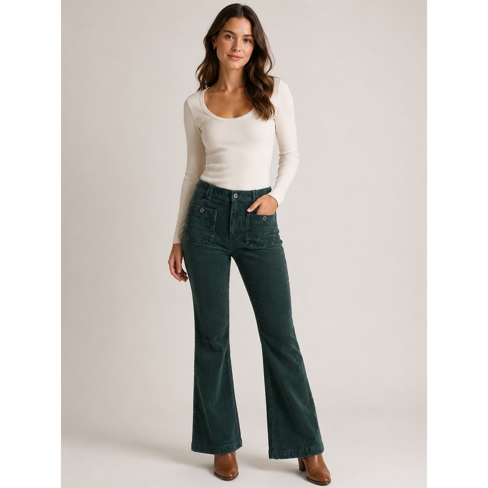 Free People Corduroy Flare Pants Womens 0 Green Solid Button Pockets 70s Boho